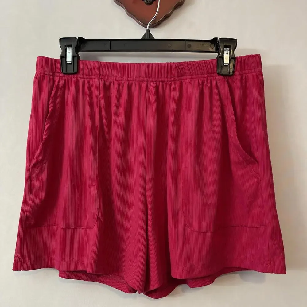 Womens Large Pink Ribbed Shirt & Shorts Comfy Pull-On Stretchy Lounge Set! A893 - Picture 7 of 10